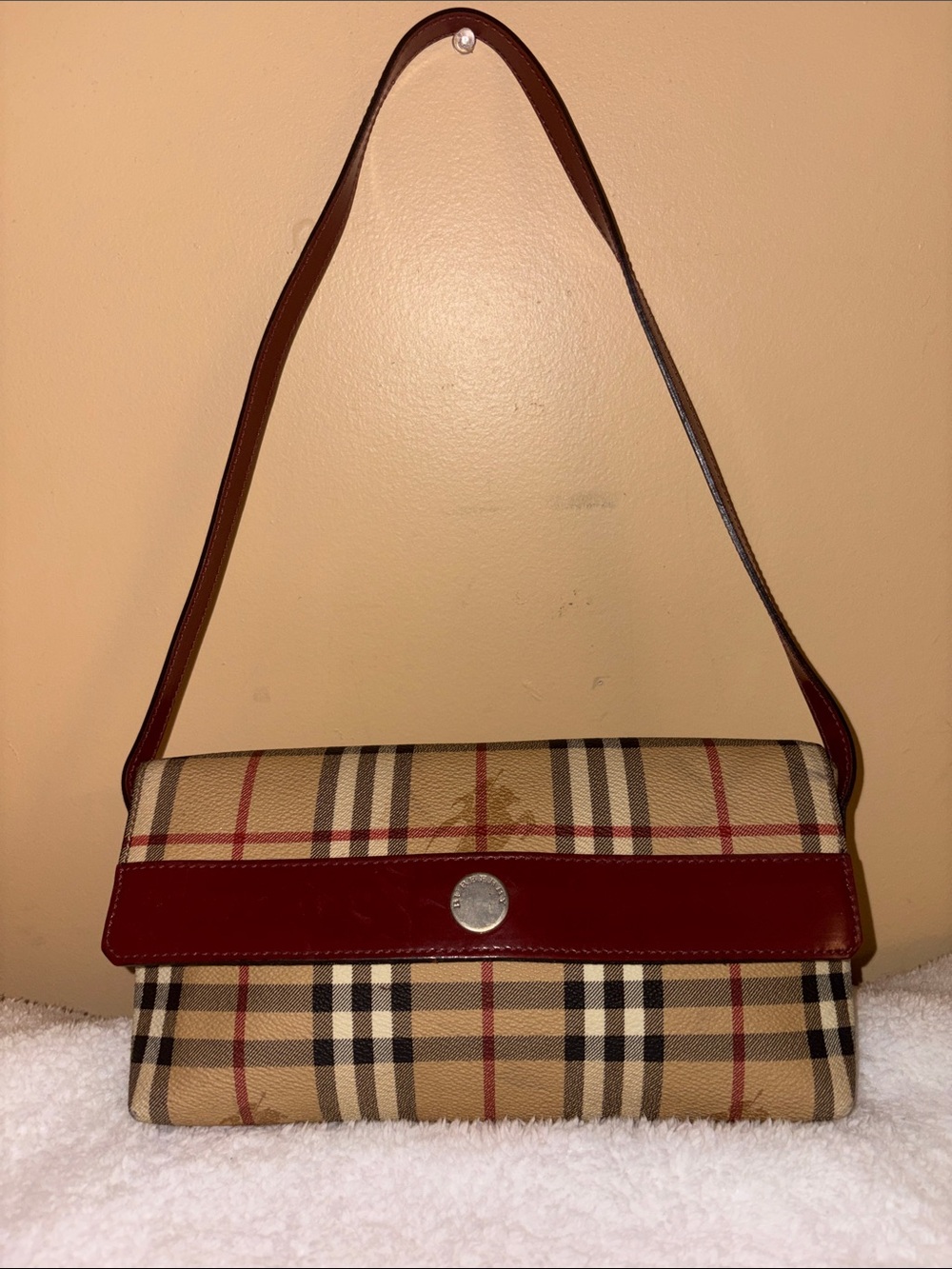 Burberry Beige Plaid Shoulder Bag with Red Trim